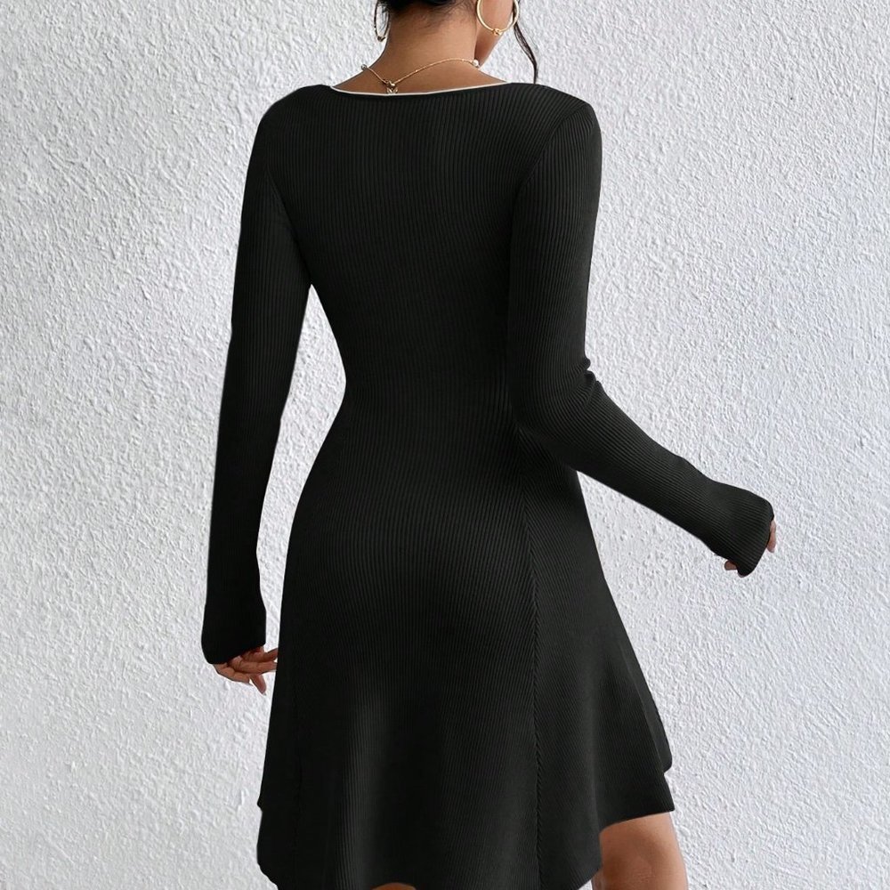 Black Preppy Womens Sweetheart Neck Ribbed Knit Sweater Dress - Picture 2 of 5